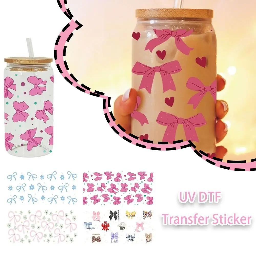 Creativity Waterproof UV DTF Transfer Sticker Smooth DIY Pink Bow Decals Clear Wrap Stickers For 16Oz Glass Cup