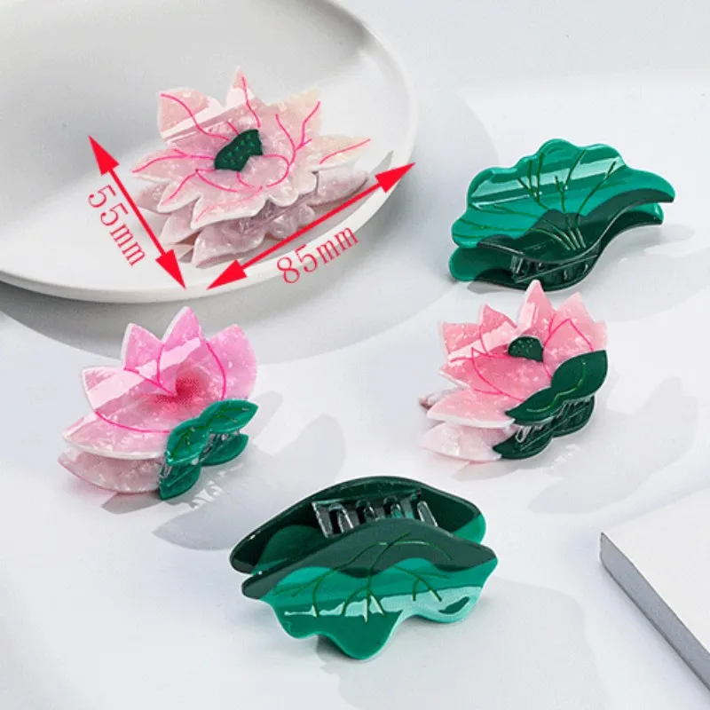 HANGZHI Green Lotus Leaf Pink Flower Grab Clip Korean Vintage Elegant Hair Accessories for Women Girls Daily Commuter Headwear