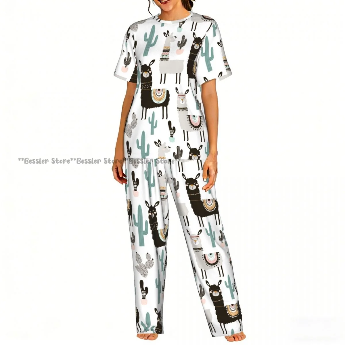 

Женские пижамные комплекты, одежда для отдыха и сна, милая ночная одежда с изображением ламы и кактуса, ночная одежда с короткими рукавами