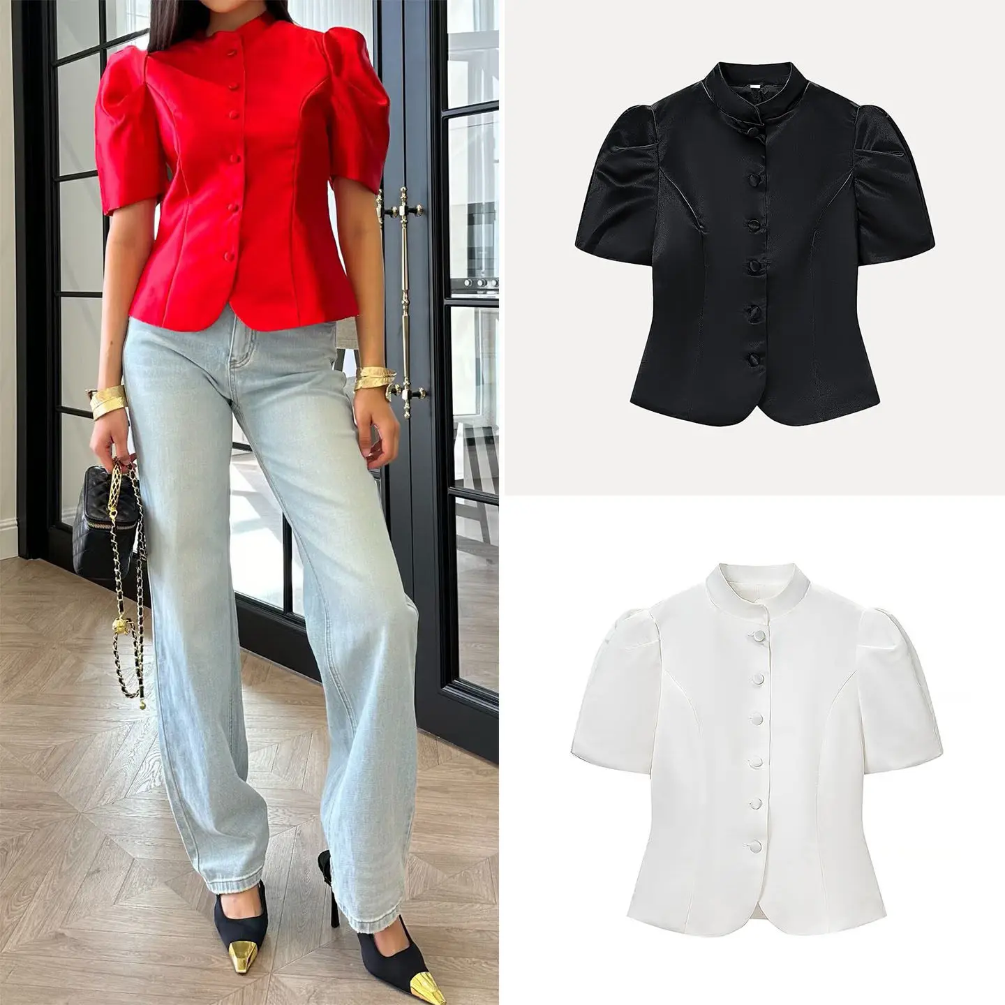 

Women's Short Bubble Sleeve T-Shirt Stand Collar Versatile Personality Summer 2026 Daily Wear Casual Fashion Top