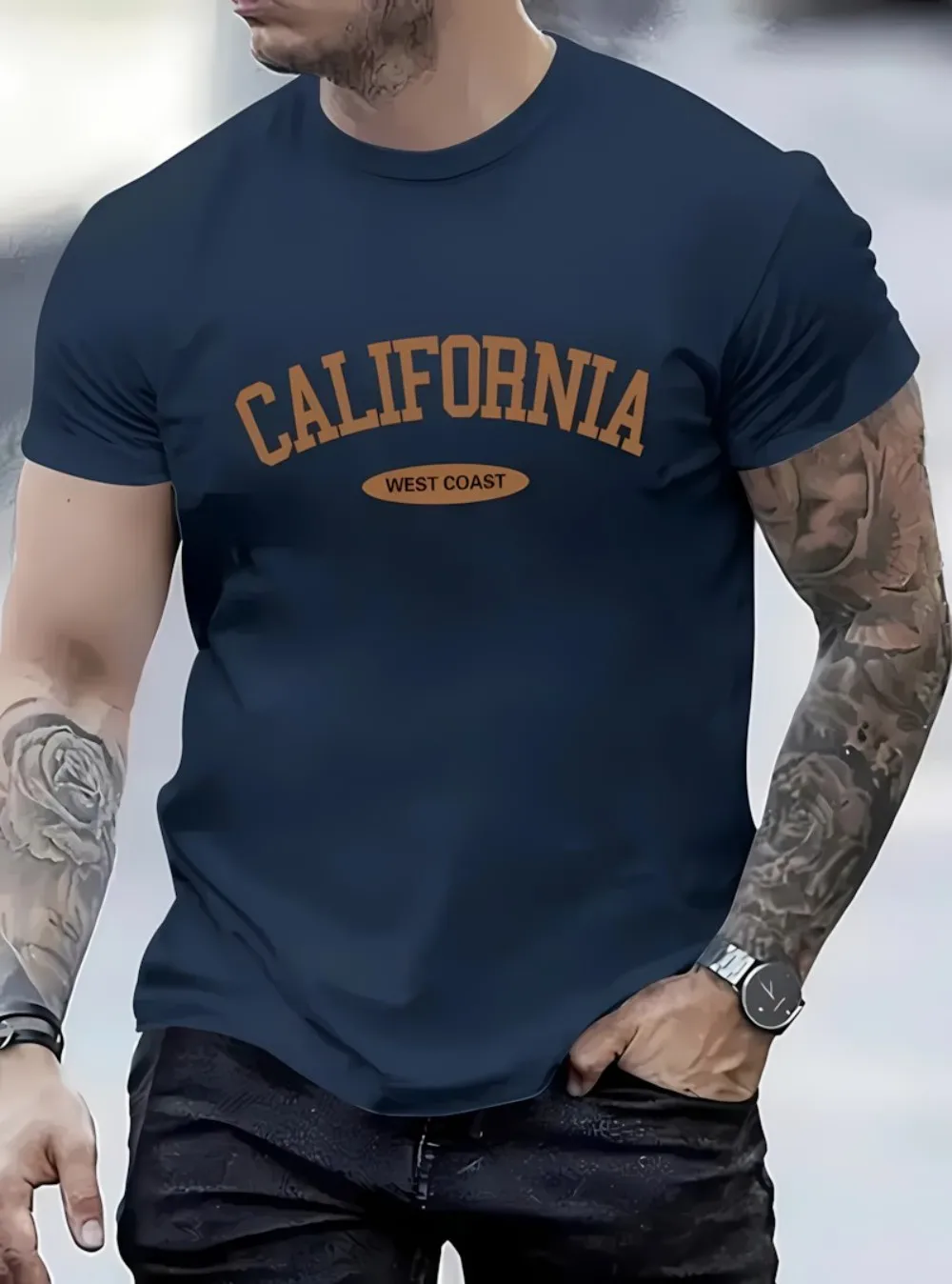 Hot selling men's summer vintage California letter print micro elastic breathable round neck T-shirt outdoor street trend top