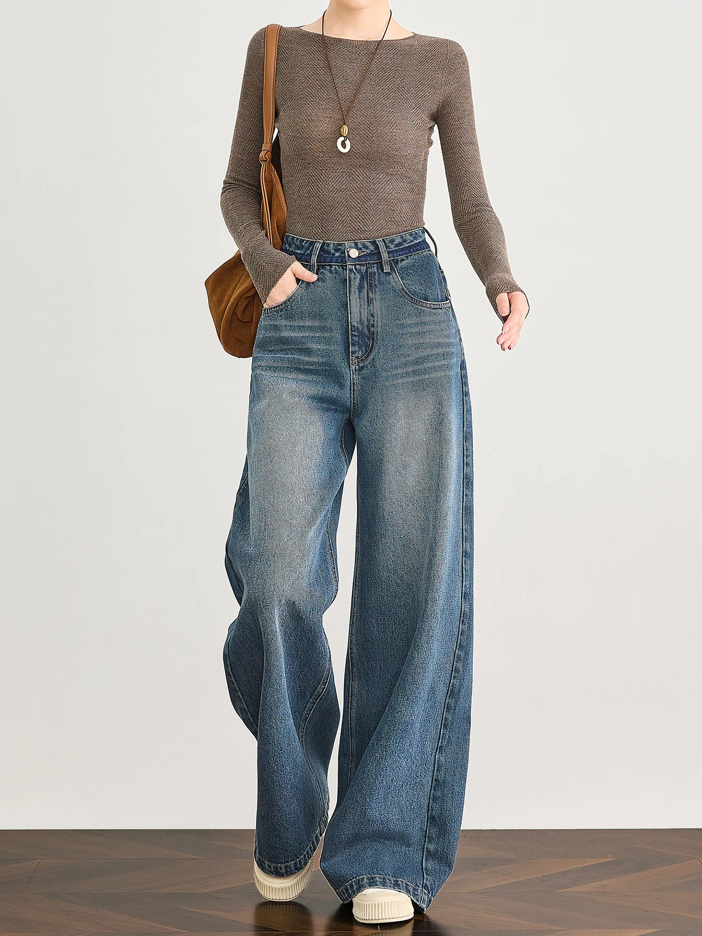 

TUMPUS American Retro Faded Denim Blue Women's Jeans High Waist Extended Straight Leg Wide Leg Pants Pear a Slimming