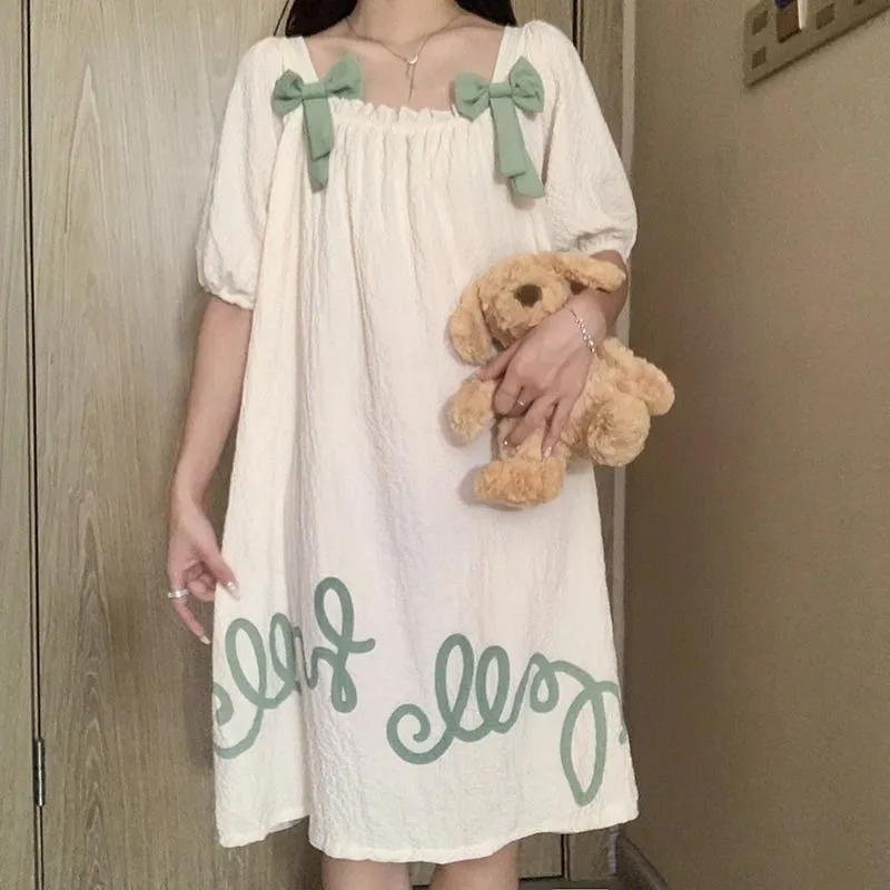 Nightdress Summer lady woven cotton sweet lovely princess style short sleeve pajamas summer lady  Spring and summer loungewear