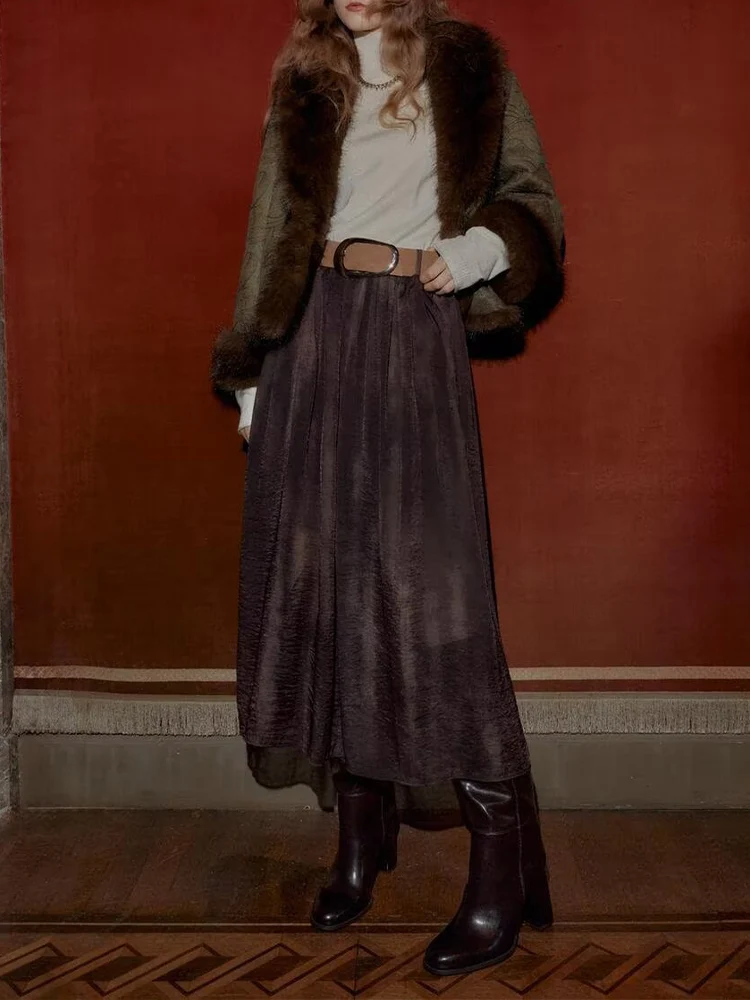 

European and American style 2025 winter new arrivals women's clothing fashionable blurred print midi skirt with belt