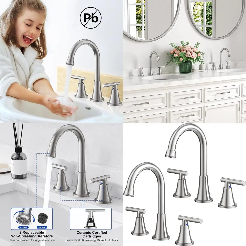 

3-Hole Brushed Nickel Bathroom Sink Faucet with Pull-Out Drain and Supply Lines, Stainless Steel Lead-Free Widespread Faucet for