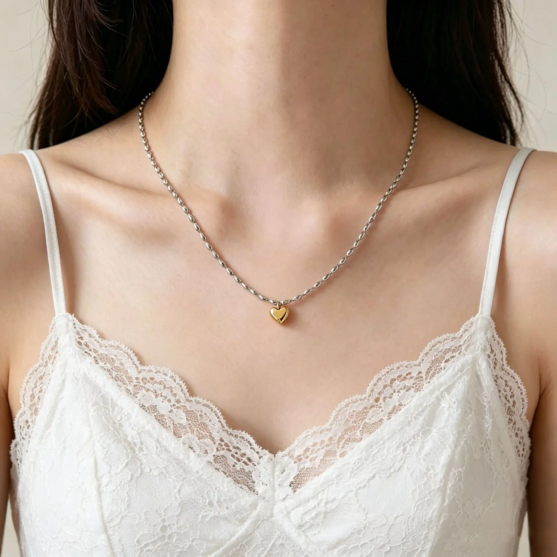 Metal Love Heart Rice Grain Chain Titanium Steel Necklace Women Simple Atmosphere Niche Design Daily Versatile Collarbone