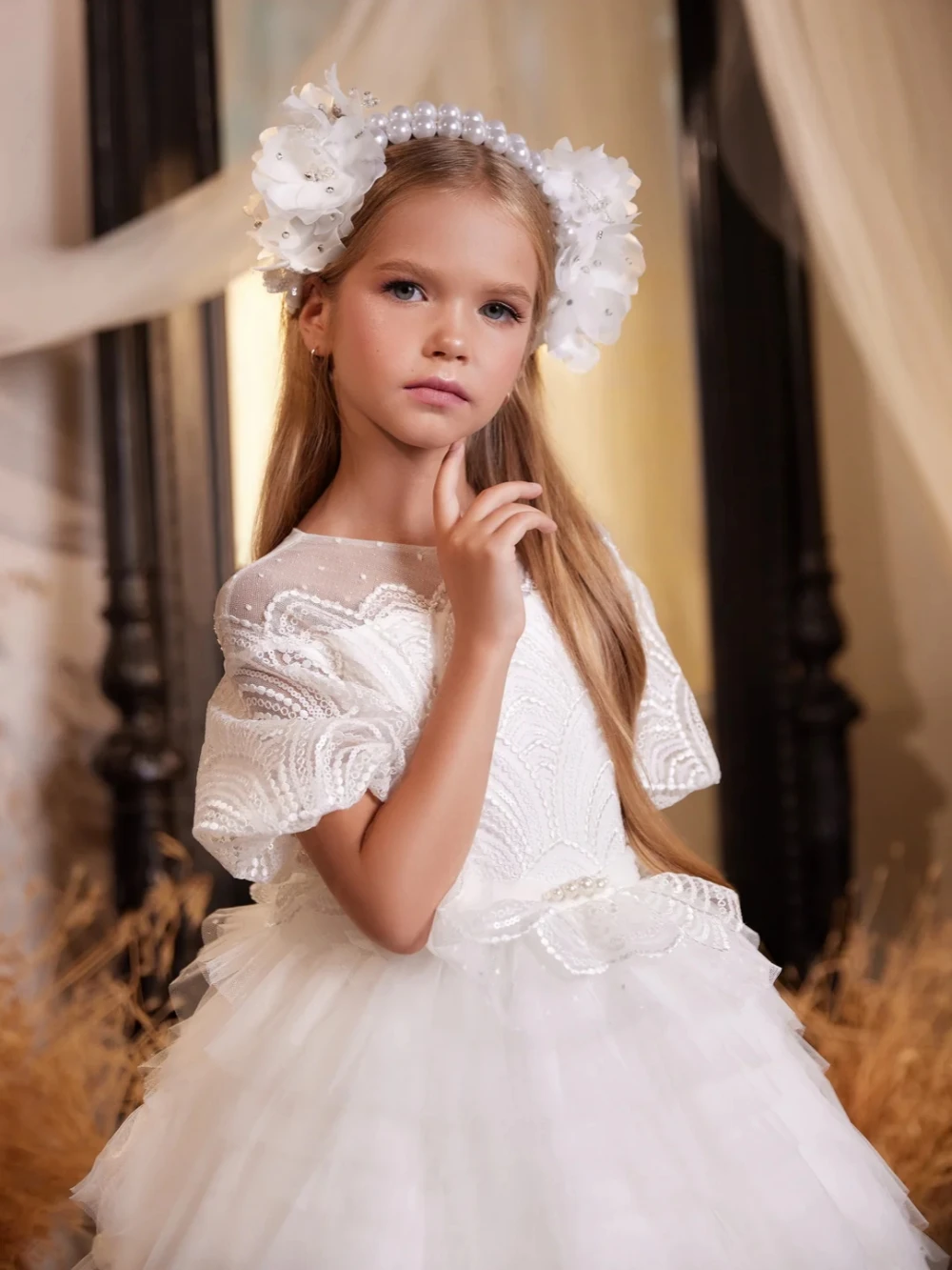 Cute Sweet Tiered Tulle A-line Long Girls Formal Evening Dress Exquisite O neck Puffy Sleeve Kids Princess Gown For Birthday