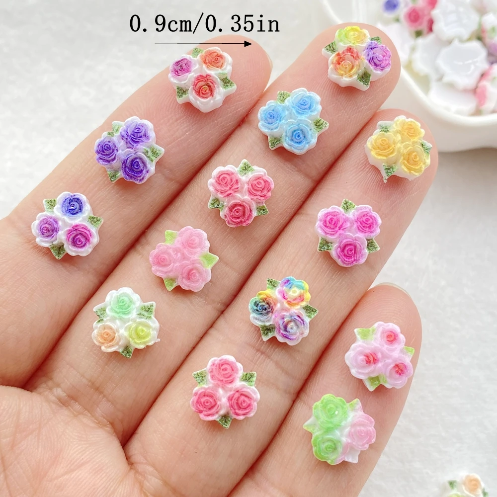 50pcs Resin Mini Colorful Three Leaf Rose Flat back Flower Figurines Nail Art DIY Wedding Scrapbooks Jewelry Crafts Accessories