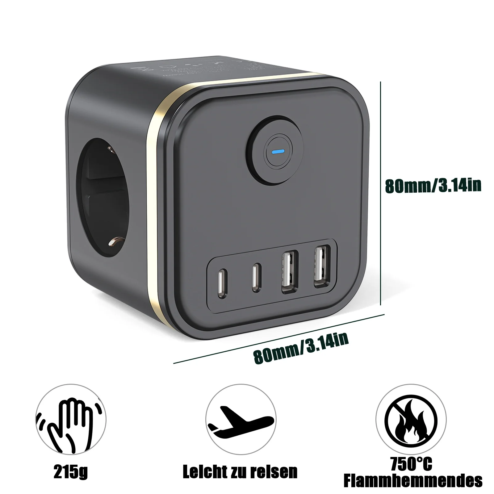 3680W Wall Socket Extender with 3 AC Outlets 2 USB 2 Type C Ports, EU Plug Power Strip Desktop Charger 230V with Switch for Home