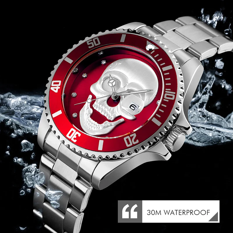 New Fashion Skull Watch Men Skeleton Luxury Stainless Steel Luminous Waterproof Quartz Wristwatches Male Clock Relogio Masculino