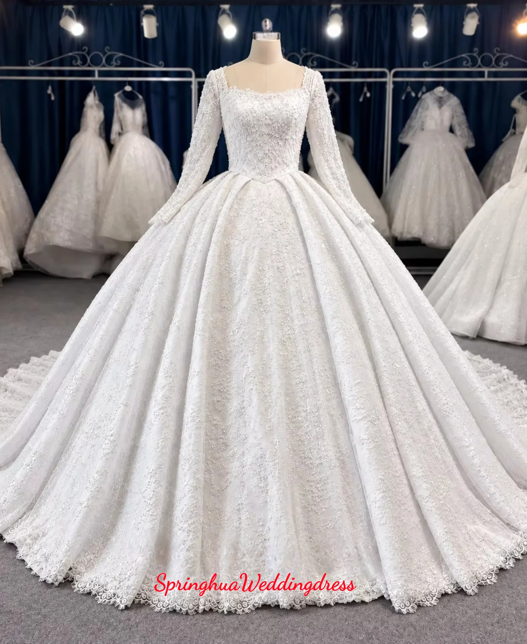 Customized Real Photo Luxury Beaded Lace Wedding Dress Long Sleeve Square Neck Ball Gown Bridal Dress with Vestidos De Novia