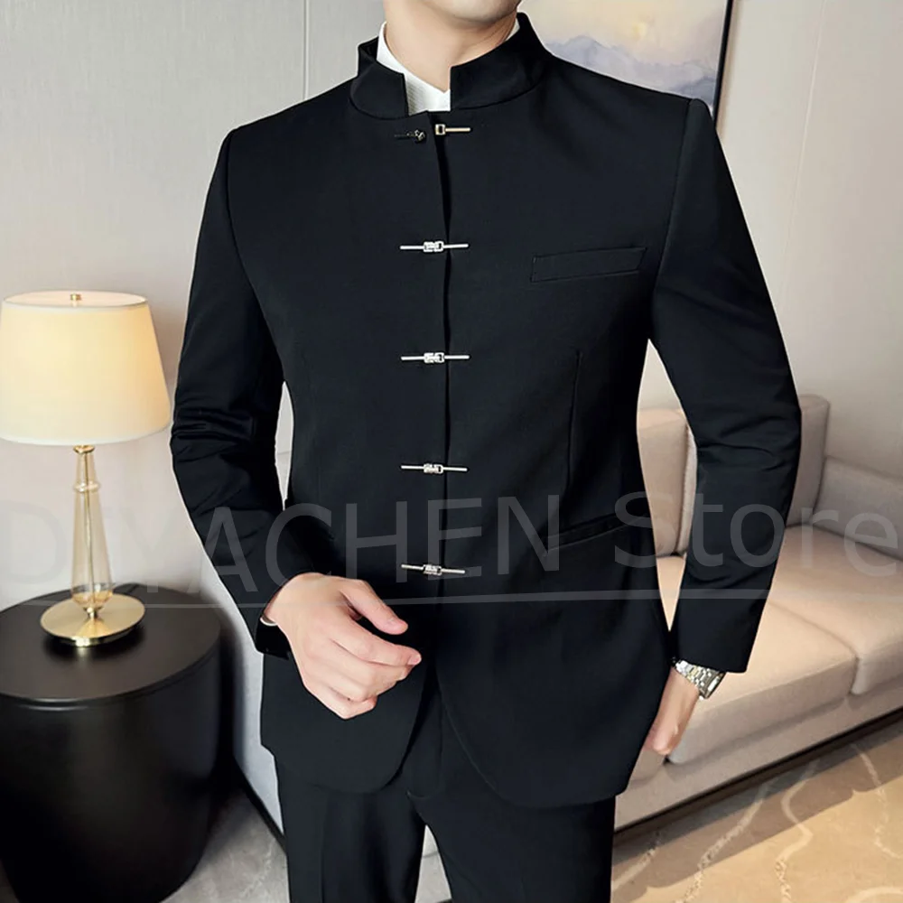 

Men Suits 2 Piece Fashion Metal Buckle Single Breasted Male Suit Slim Boutique Smart Casual Wedding Party Tuxedo (Blazer+Pants)
