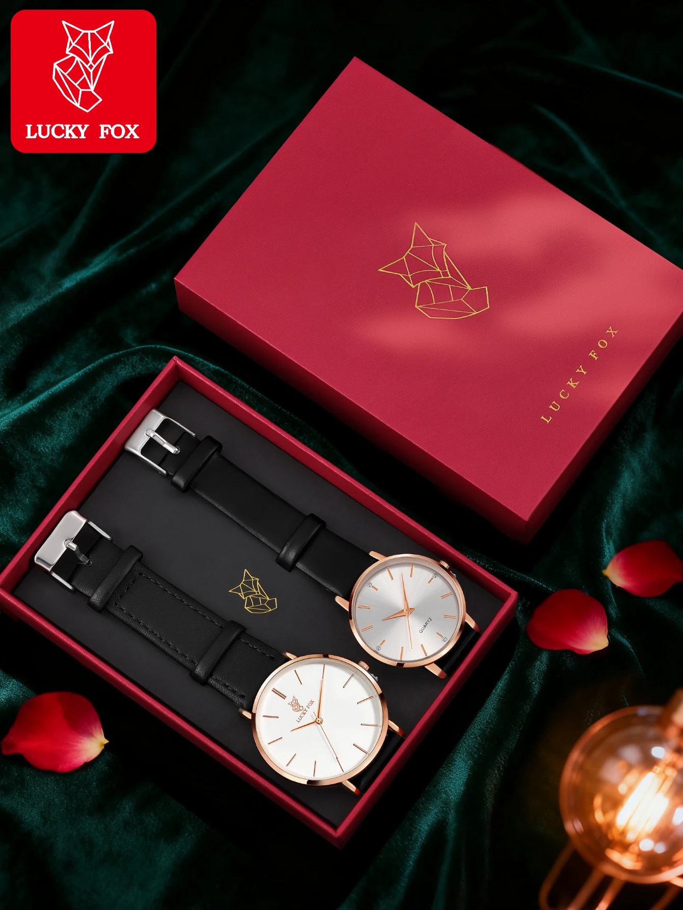 LUCKY FOX 2PCS ساعات الزوجين ساعات الأعمال الرجالية مؤشر الموضة ساعات الكوارتز النسائية هدية عيد الميلاد مجموعة صناديق الهدايا