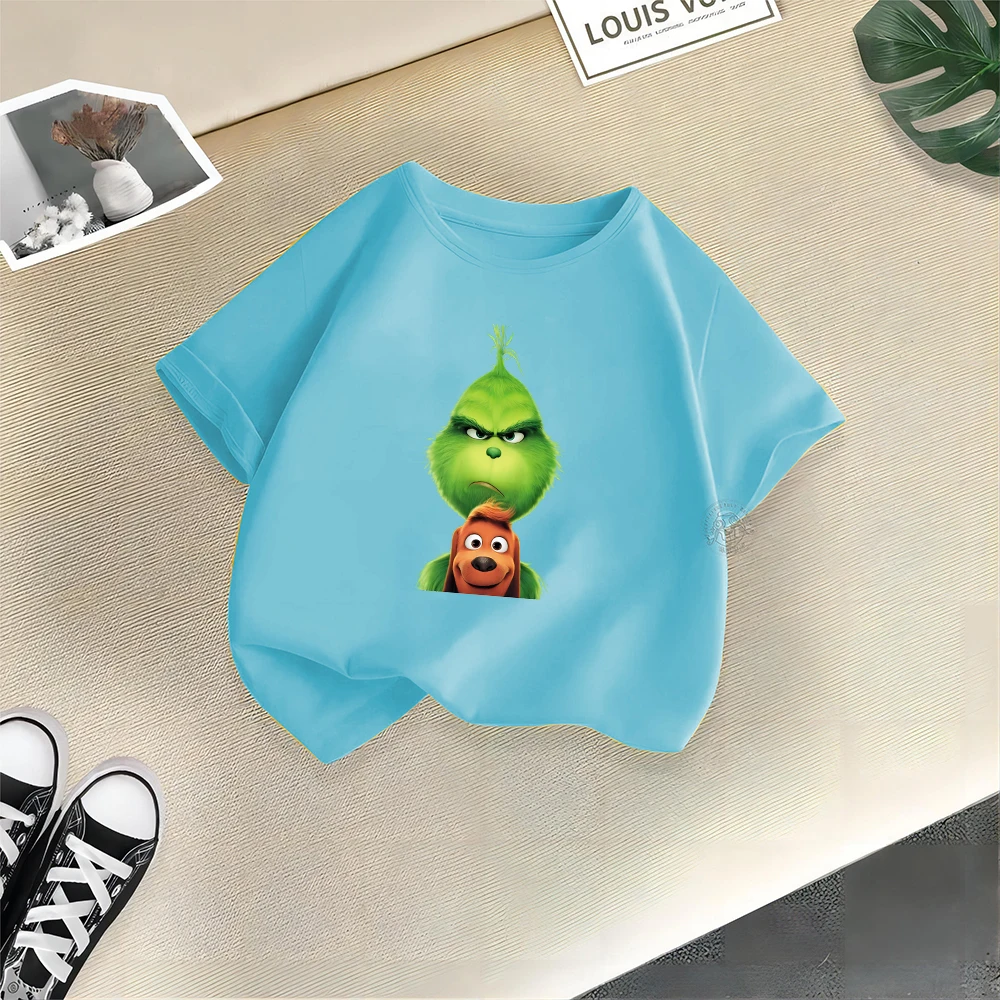 Disney Summer Comfort 100% Cotton Naughty Boys Girls T-shirt Grinch Creative Print Street Y2K Casual Cotton Boys Girls Top