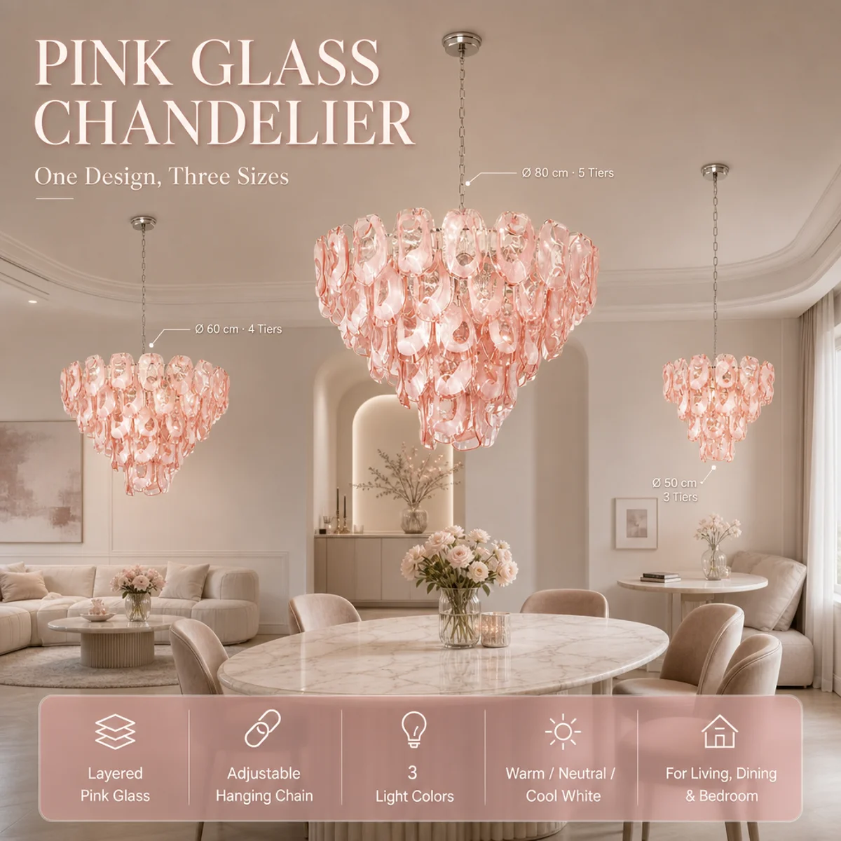 French Romantic 2026 Latest Pendant Lamp Pink Murano Glass 50cm 3-Layer Design Dimmable LED Chrome Frame Base for Princess Room