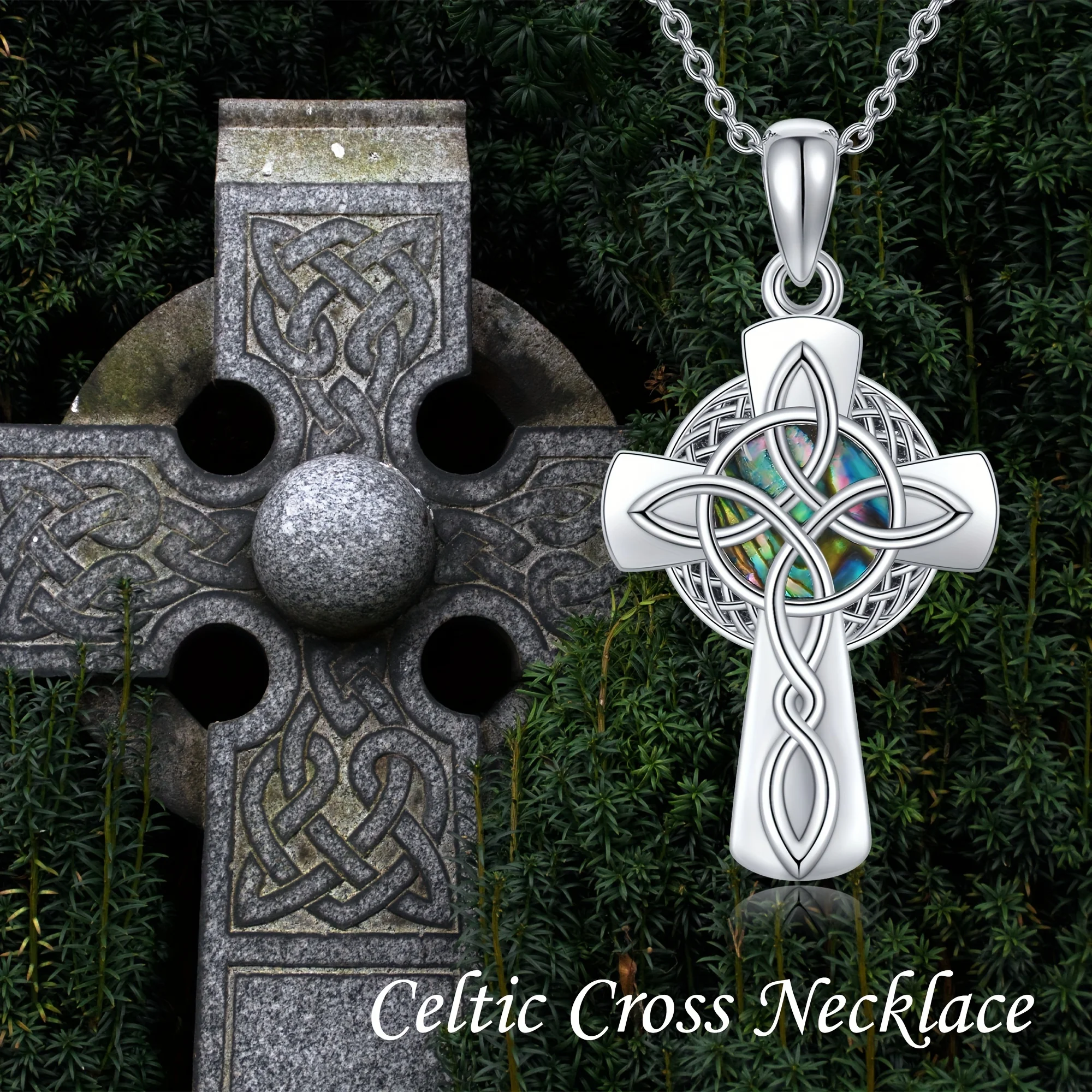 Beautiful Celtic Cross Pendant Necklace Imitation Mother of Pearl Craft Jewelry Stainless Steel Necklace Unique Accessories Gift