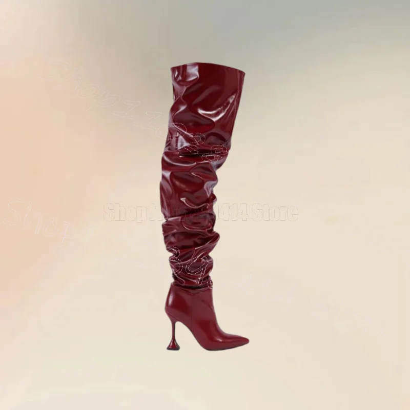

Burgandy Pleated Design Strange Style Heels Boots Side Zipper Women Shoes Pointed Toe New Party Banquet 2025 Zapatos Para Mujere