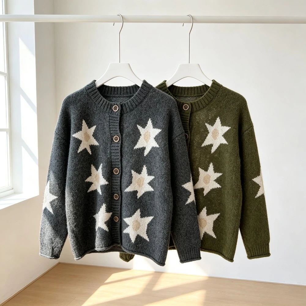 Girls Star Cardigan Sweater Oversized Longline Knit Coat Button Front Fuzzy Yarn Top Kids Vintage Lazy Style Autumn Winter Coat