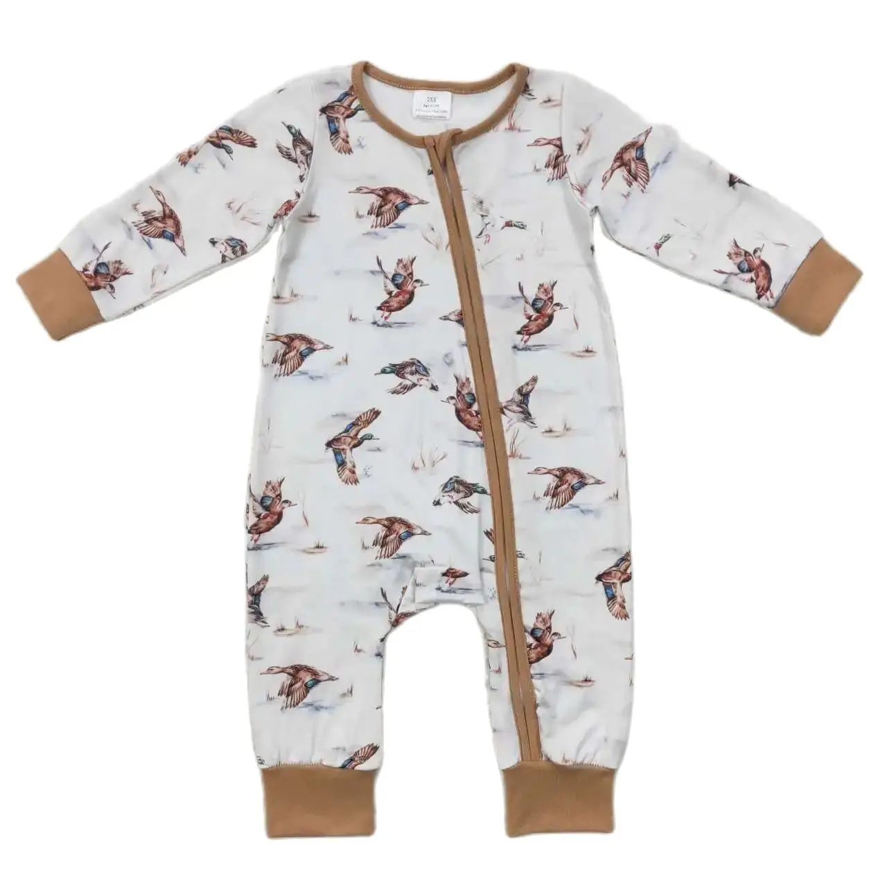 

LR0816 brown color kids clothing baby autumn and winter long-sleeved jumpsuit with zipper bird pattern romper