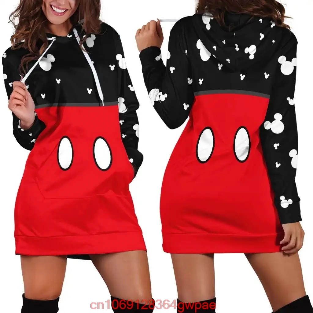 2024 Disney New Mickey Mouse Hoodie Dress Sweater Fashion Disney Dress Sweatshirt Dress 3d Allover Printed Hoodie for Women