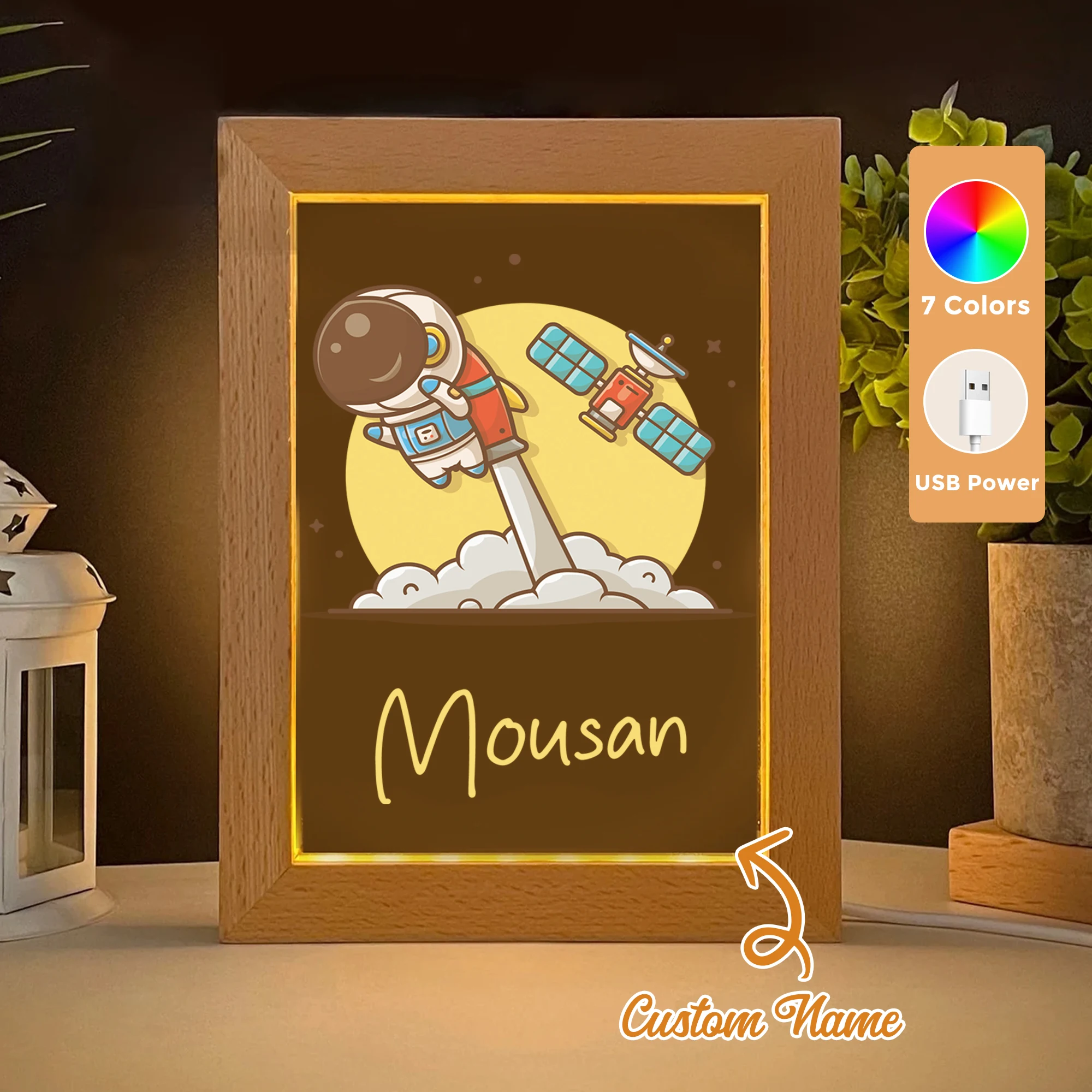

Custom Name Astronaut Moon LED Acrylic Night Light Wood Photo Frame 21x17cm Cartoon Children Bedroom Gifts Home Decor Gift