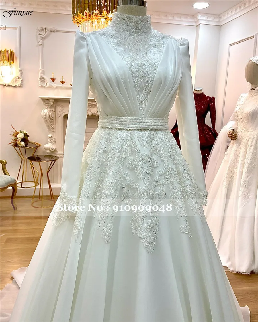 Funyue suknia ślubna vestidos de novia musulmanes de lujo cuello alto árabe Dubai vestido de novia para novia encaje con cuentas Gelinlik islámico