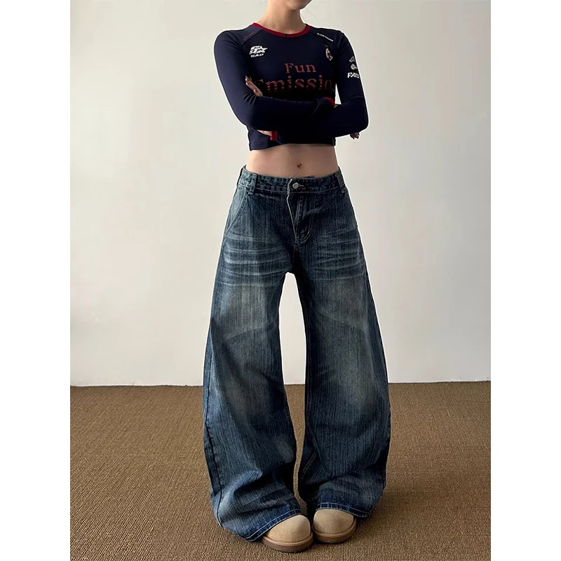 

Женские джинсы с удлиненными штанинами, высокой талией, широкими штанинами, свободного кроя, повседневные, летние, синие, винтажные