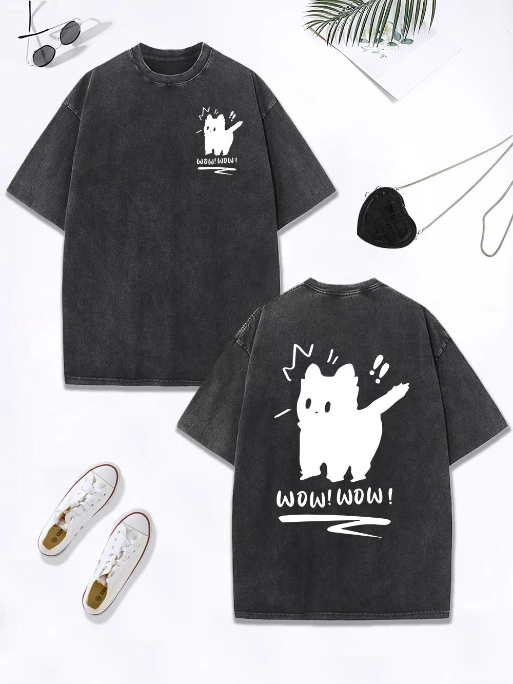 

Wow Cute Scared Black Cat Printing Washed T-Shirts Women Cotton Oversized Tops O-Neck Distressed T Shirt Summer Womans Clothes
