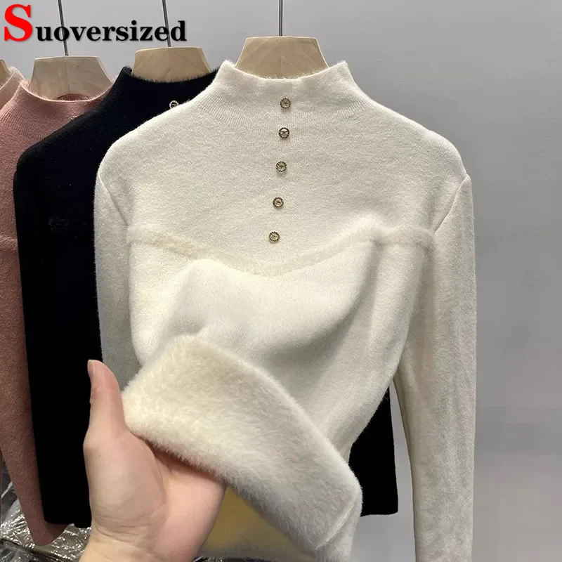 

Women Thicken Soft Slim Pullovers Half Turtleneck Winter Knit Sweater Casual Warm Knitwears Jumper Plush Lined New Button Jersey