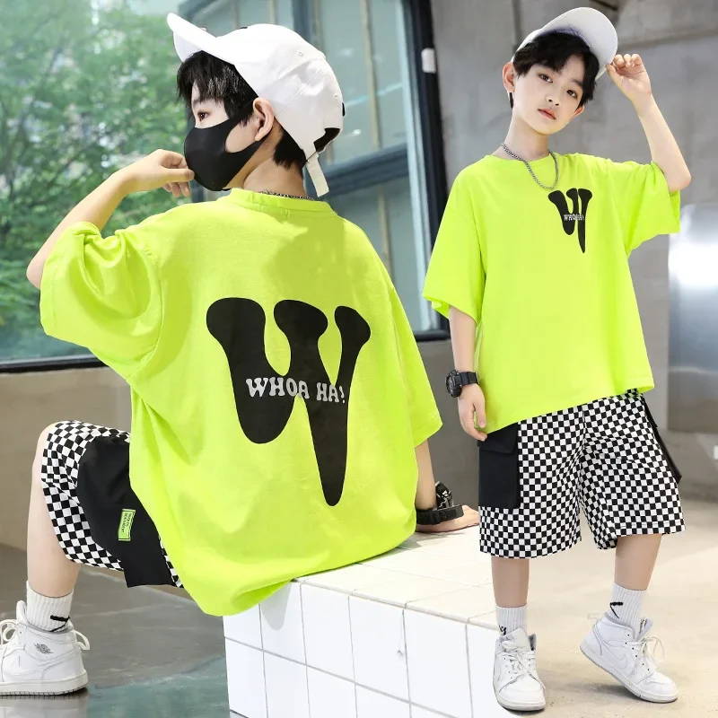 

Summer Boys Cotton Alphabet Short-Sleeved T-Shirt Tops+Plaid Short Pant Suit School Kids Tracksuit Child 2PCS Outfit 3-14 Years