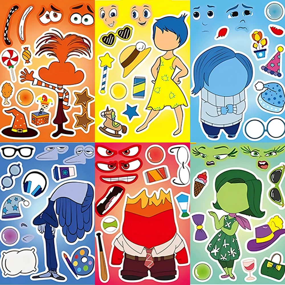 

8/16Sheets Kids Disney Cartoon Inside Out Make a Face Puzzle Stickers Decals Funny Assemble Jigsaw Kids Anime Party Toys Gifts