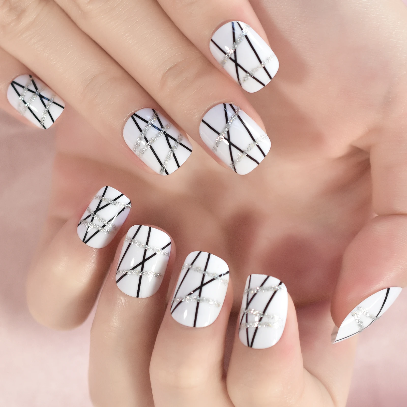 Imprensa curta redonda em unhas pré-design branco unhas falsas glitter salão de beleza manicure reutilizável dicas de unhas falsas para diy arte do prego