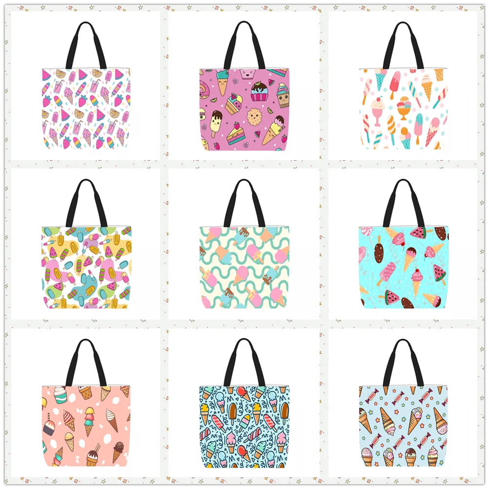 Ice Cream Pattern Handbag Printed Travel Shoulder Bag Large Capacity Women's Shopping Strap Casual Canvas Strap