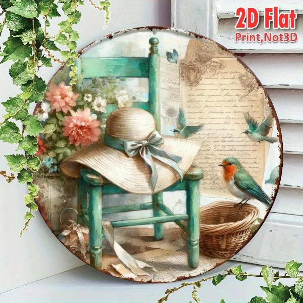Straw Hat with Flowers and Birds,Waterproof Durable Print for Outdoor Home Decor,Cafe,Bar,Shop