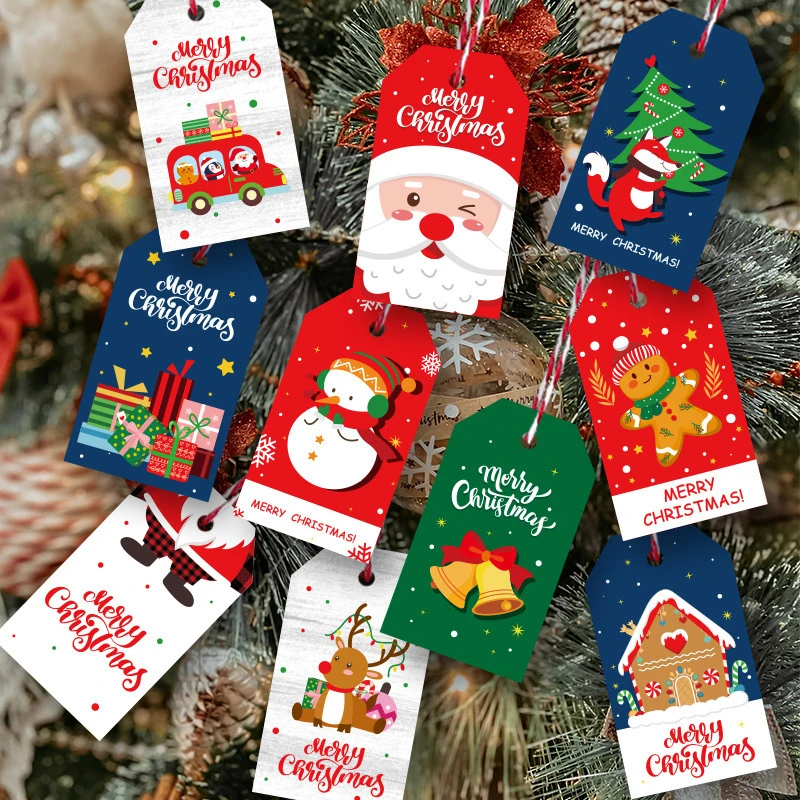 50szt Wesołych Świąt Kraft Paper with Strings Christmas Gift Tag Card Packaging Xmas tree Hanging Label Pendant Christmas Decor