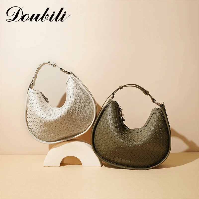 

Doubili2025 new niche genuine leather cowhide woven handbag fashionable underarm women's shoulder width crescent bag