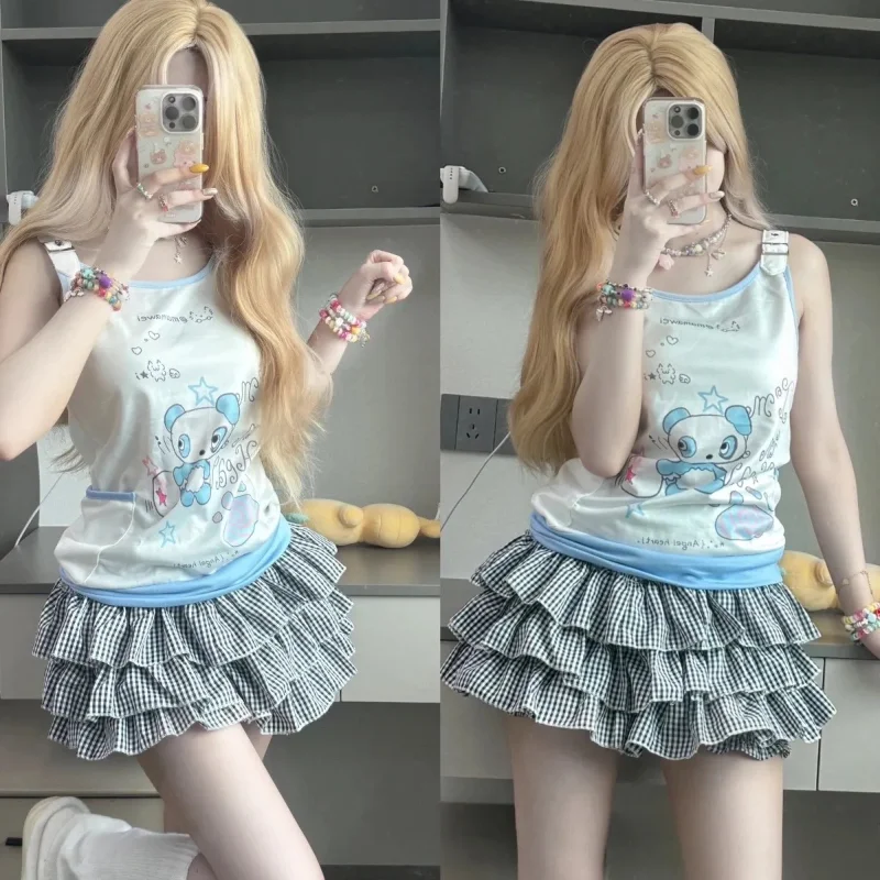 

Kawaii Plaid Mini Skirt Women Japanese Y2k Aesthetic Tierred Fluffy A-line Cake Skirts Summer Girl Sweet Cute Faldas