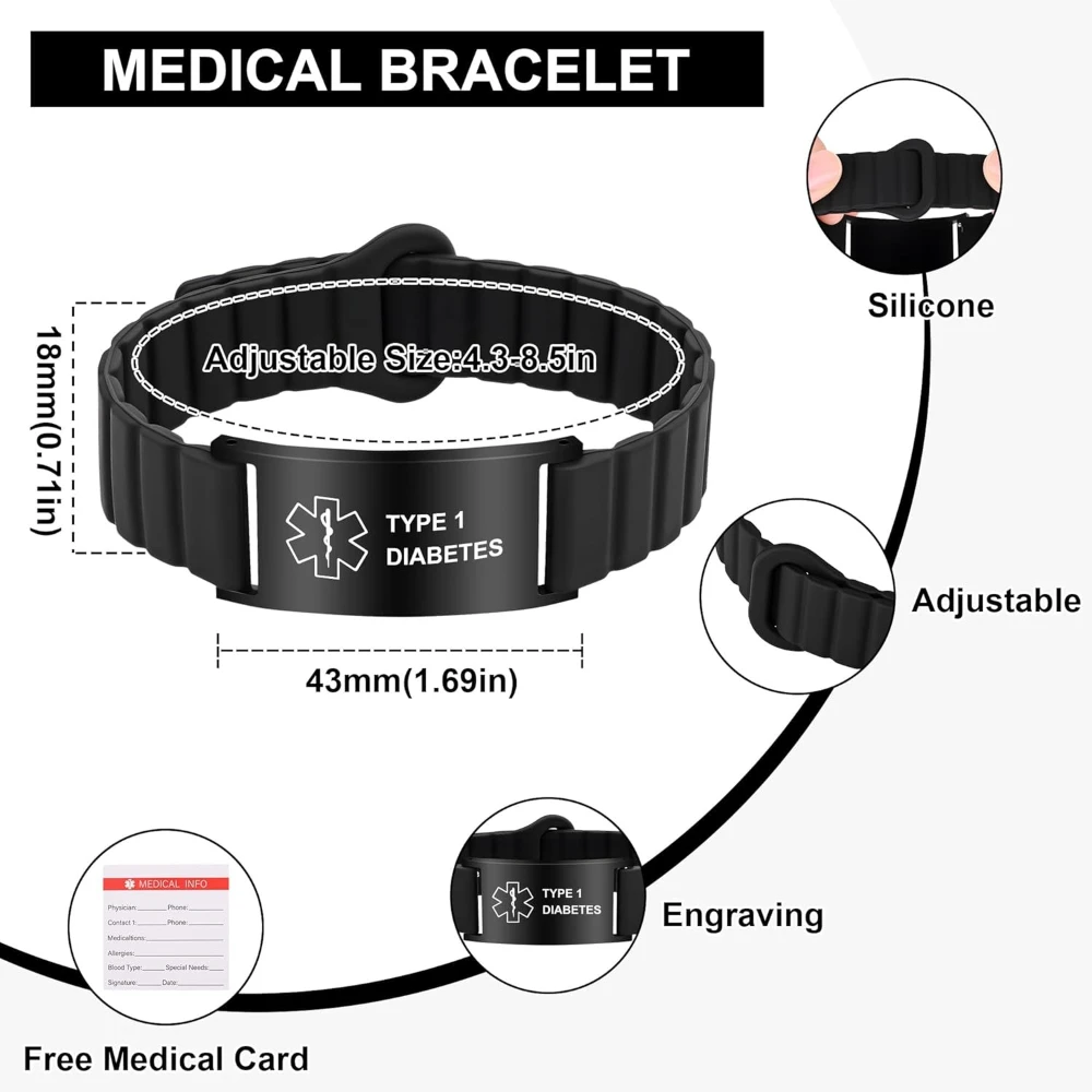 Customizable male and female medical alarm bracelet diabetes D.N.R epilepsy adjustable waterproof medical alarm ID wrist strap view 3