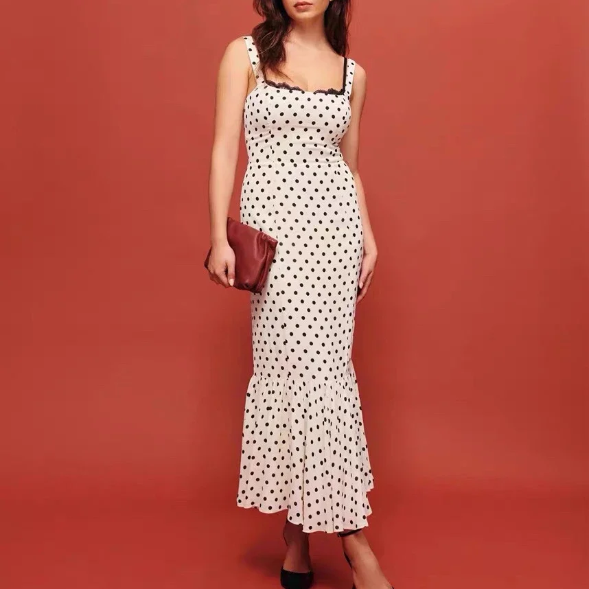 

Women Polka Dot Printed midi dress Luxury Square Collar Lace Stitching Trumpet Long Sling Dress