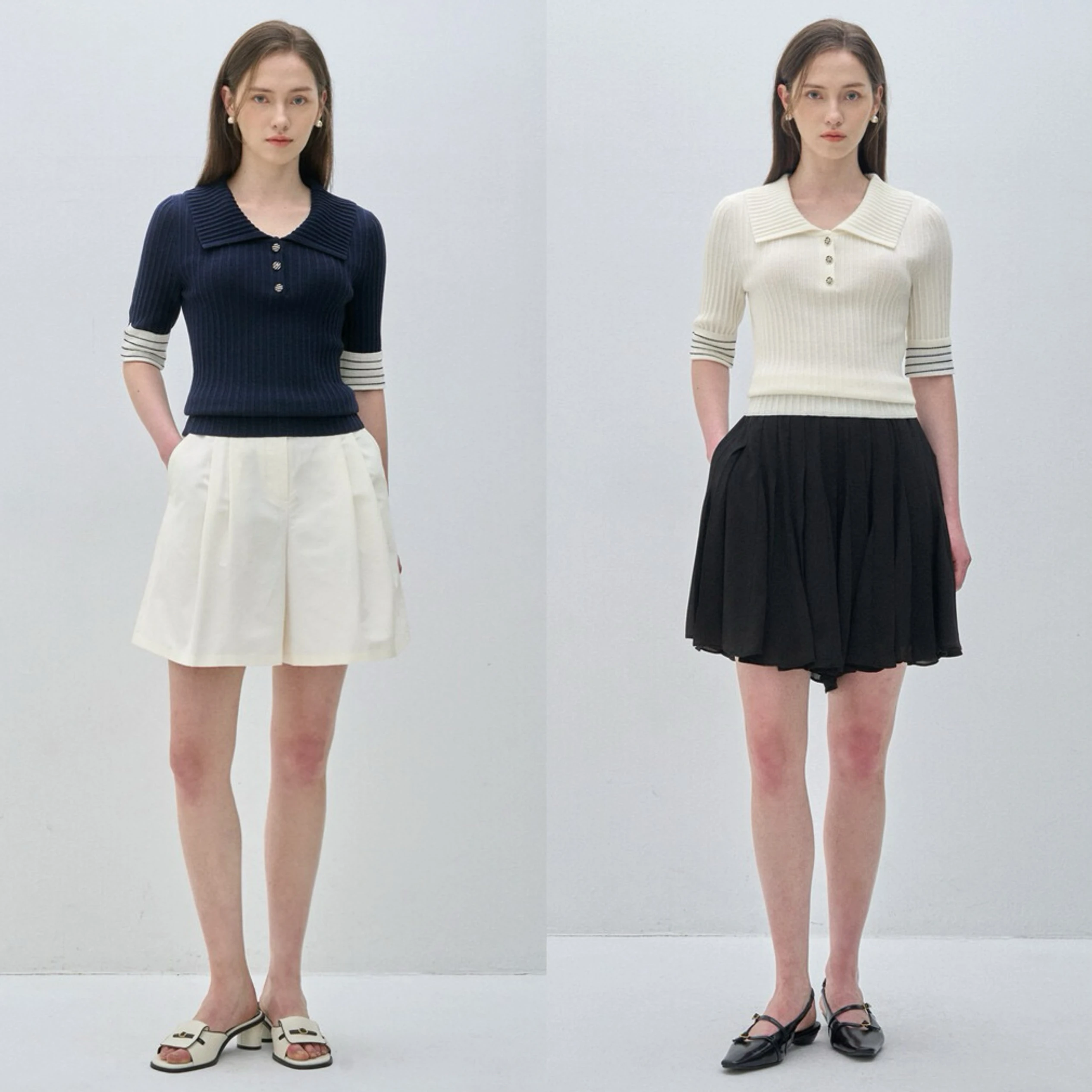 

M*NE Korean Sle Slim Fit ort Sve Knitwear Collared Striped Color Blo Elastied Versatile Summer Faion Top