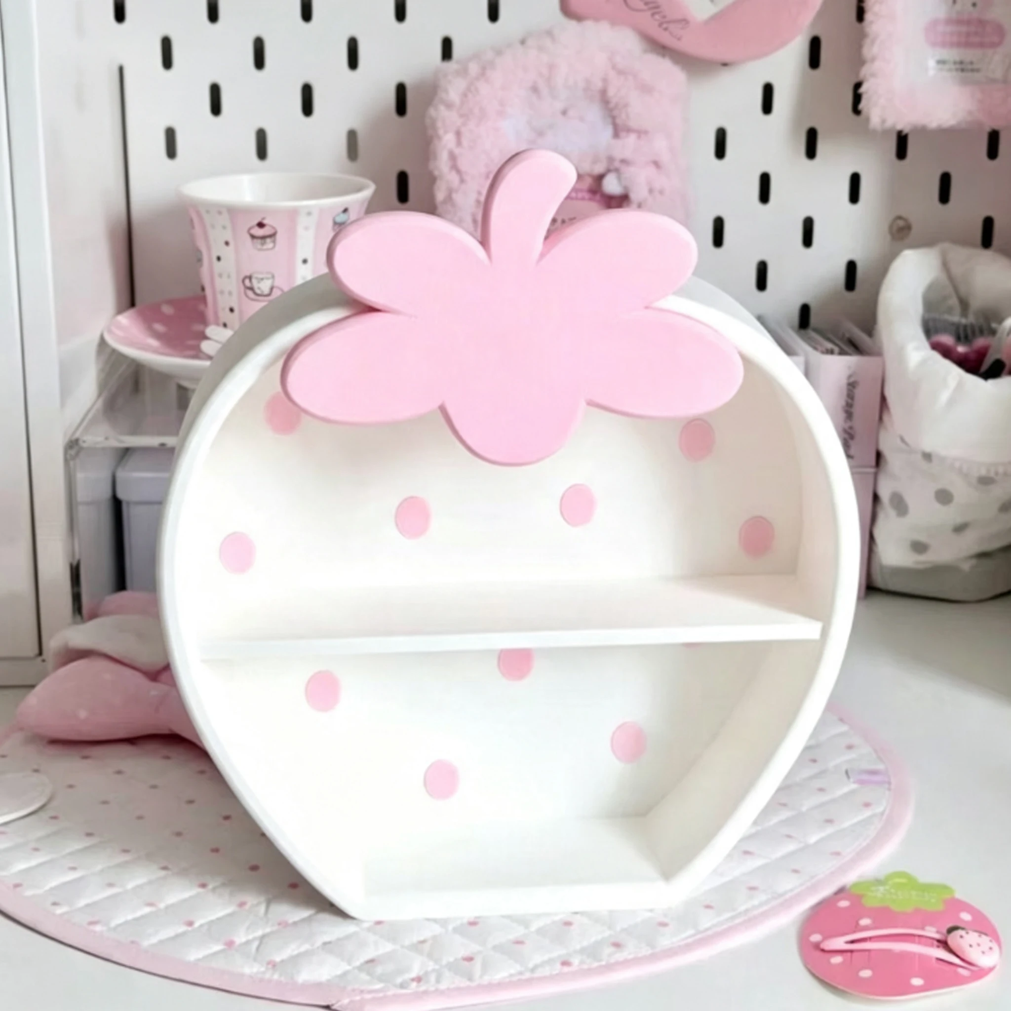 Cute Strawberry Double-layer Storage Cabinet Ins Desktop Storage Rack Girly Heart Ornaments Hand-made Display Box Storage Rack