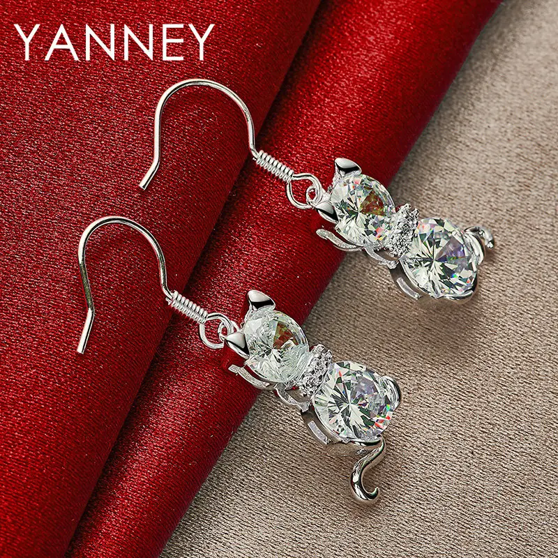 

Luxury 35MM 925 Sterling Silver Cute Cat Zircon Earrings Jewelry For Women Wedding Engagement Party Jewelry Accessories