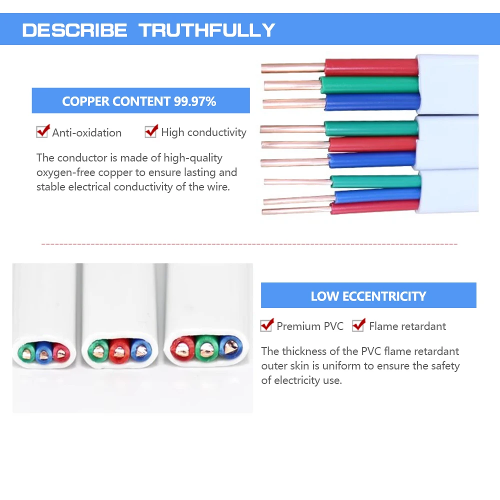 PVC 2C 3C Flat Jacket cable Copper wire Solid Single Copper cable Jacket wire Electric Cable Power wirng cable Hard copper cable