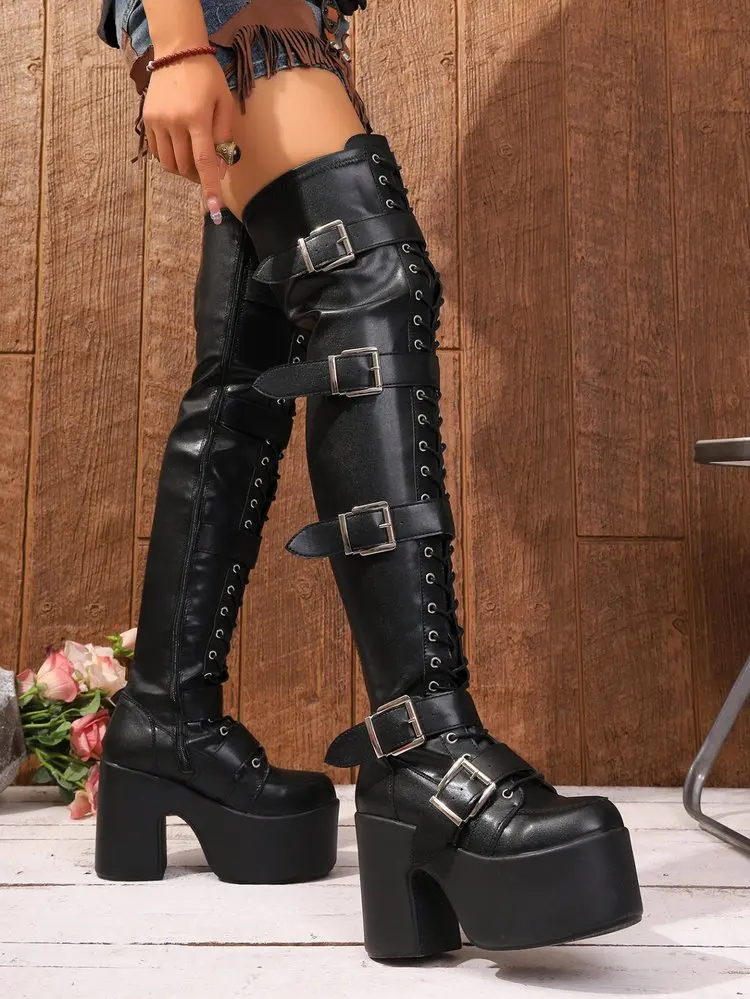 Luxuriöse 2026 Punk Goth Damen Motorradstiefel Blockabsatz Plateau-Schuhe Neue Markenmode-Design Coole Straßenstiefel – Detail 21