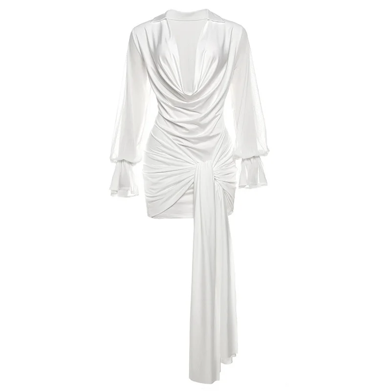 Robe moulante à manches longues et col en v profond pour femme, nouvelle mode d'automne, couleur unie, élégante et Sexy