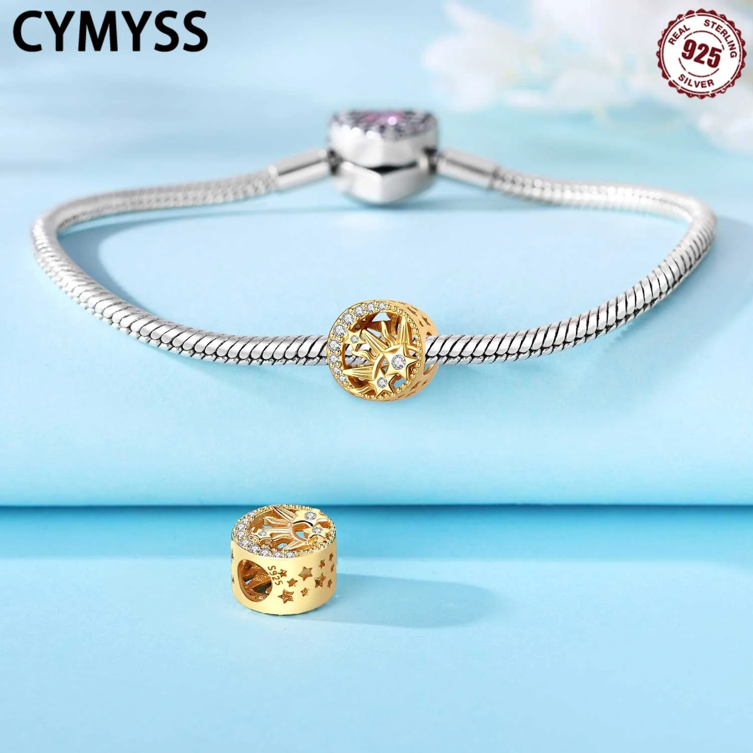 

CYMYSS 925 sterling silver hollow gold sun moon star bead luxury jewelry commemorative day gift design for women zircon bead