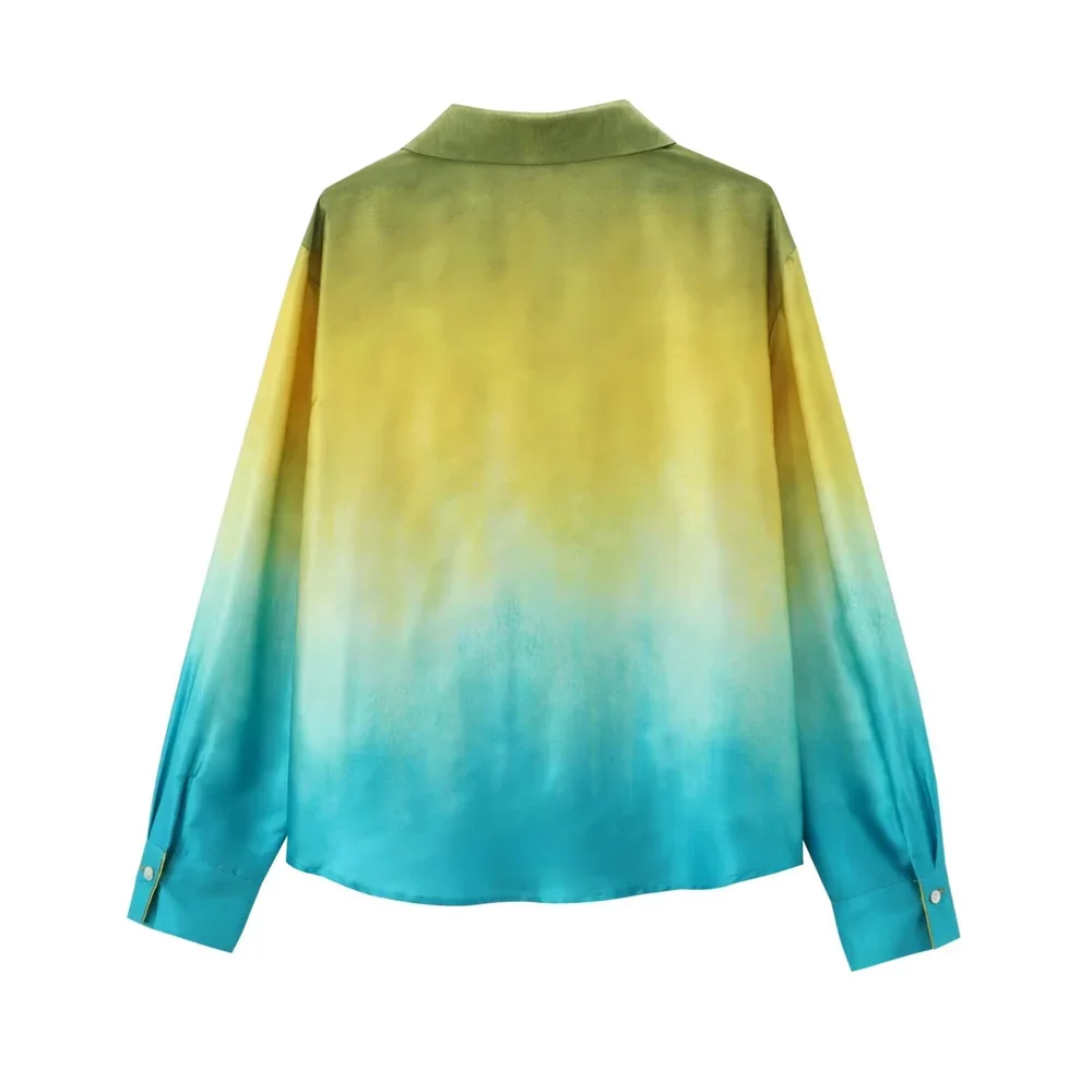 MSNOLOA 2024 Summer New Product Women\'s Fashion Casual Long Sleeve Tie Dyed Silk Texture Shirt Loose Silk Texture Pant Set