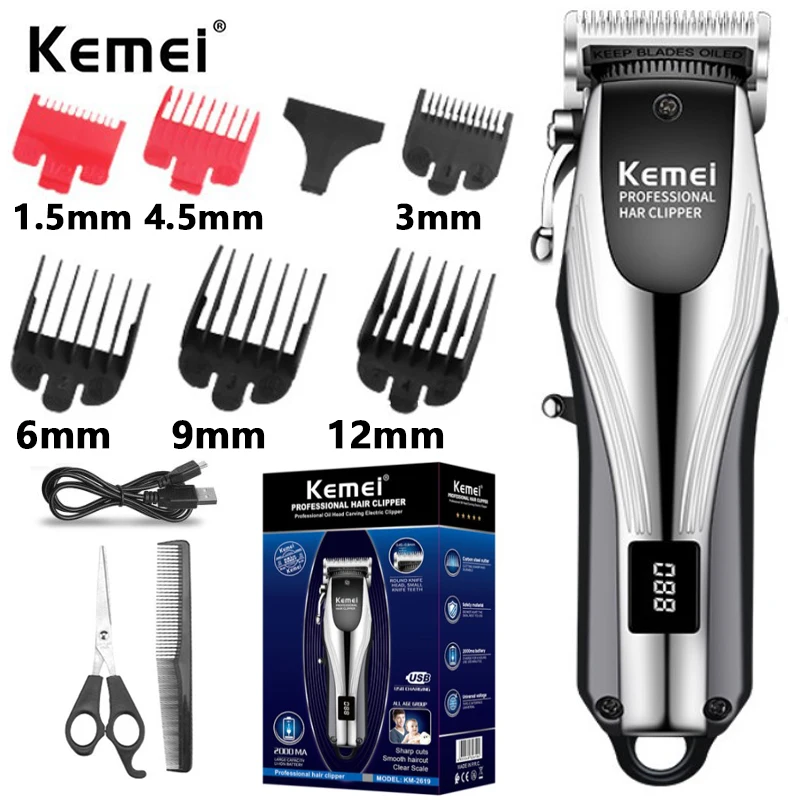 Kemei-2619 Professional Cordless Hair Clipper Rechargeable Men Hair Trimmer Adjustable Cutting Lever Barber Shop LCD Display