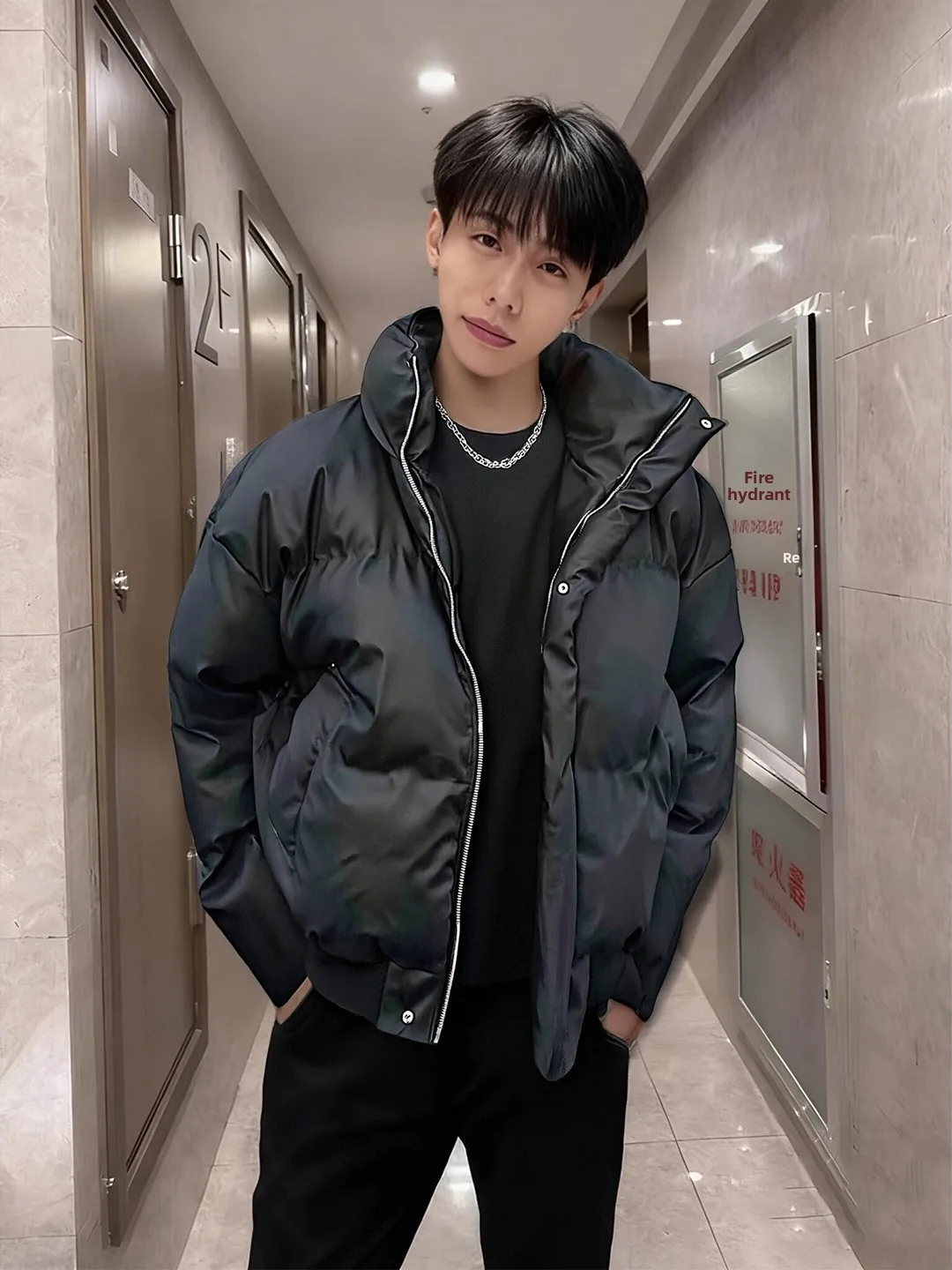 

Cleanfit Black PU Leather Short Puffer Jacket Men's Winter Three-Proof Stand Collar Thickened Warm Outerwear Bread Style