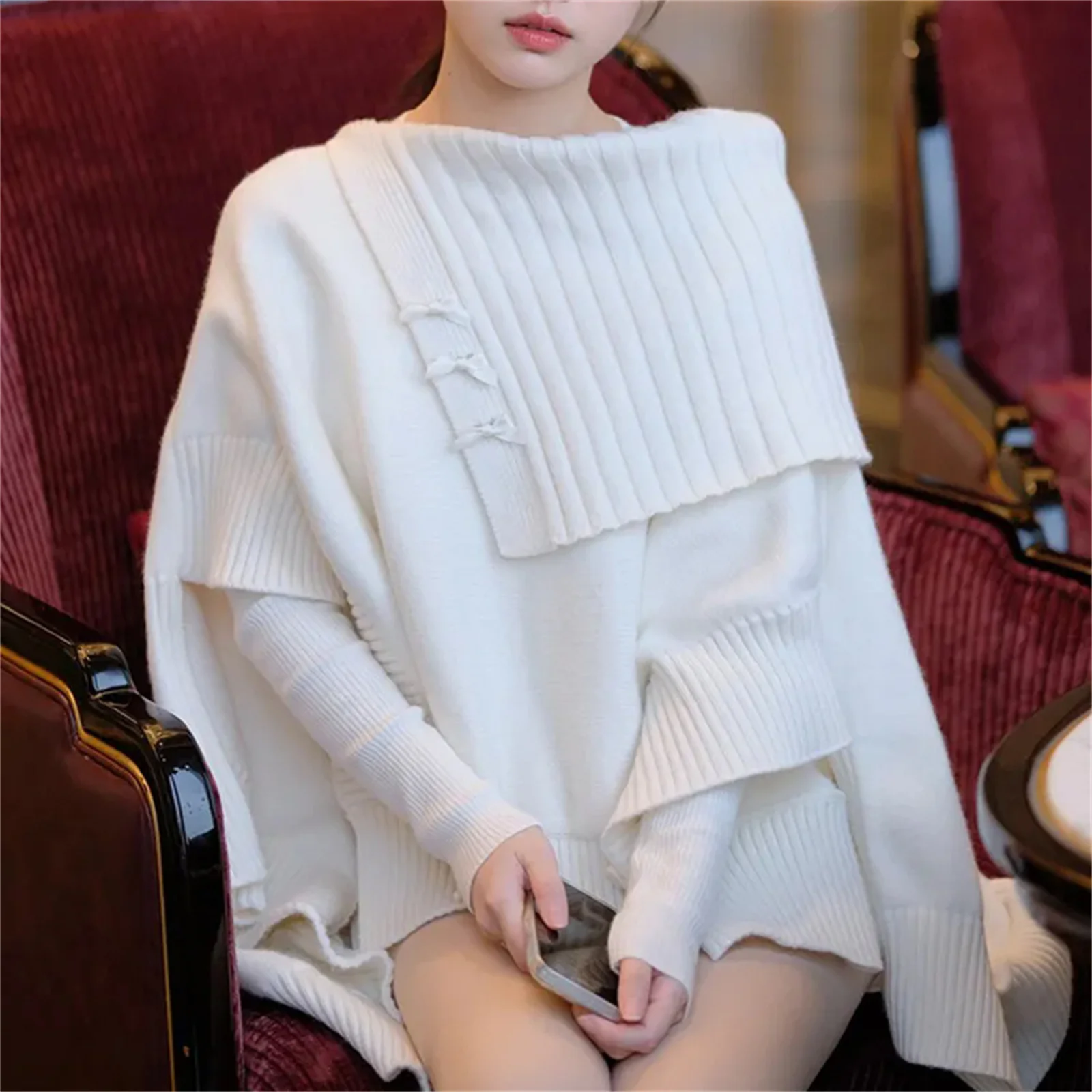 Autumn and Winter New Irregular Knitted Sweater Women's Top Fashion Knitted Shawl Coat